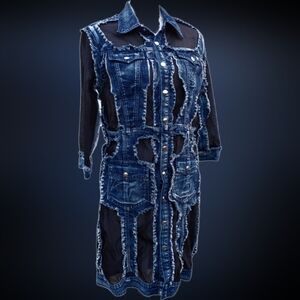 DorDor Couture Dress Denim & SheerBlack Polyester Silver Snaps SIZE Large Ne